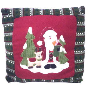 Vintage Santa Reindeer Red Felt Green Striped Knit Border 17 x 17 Square Pillow